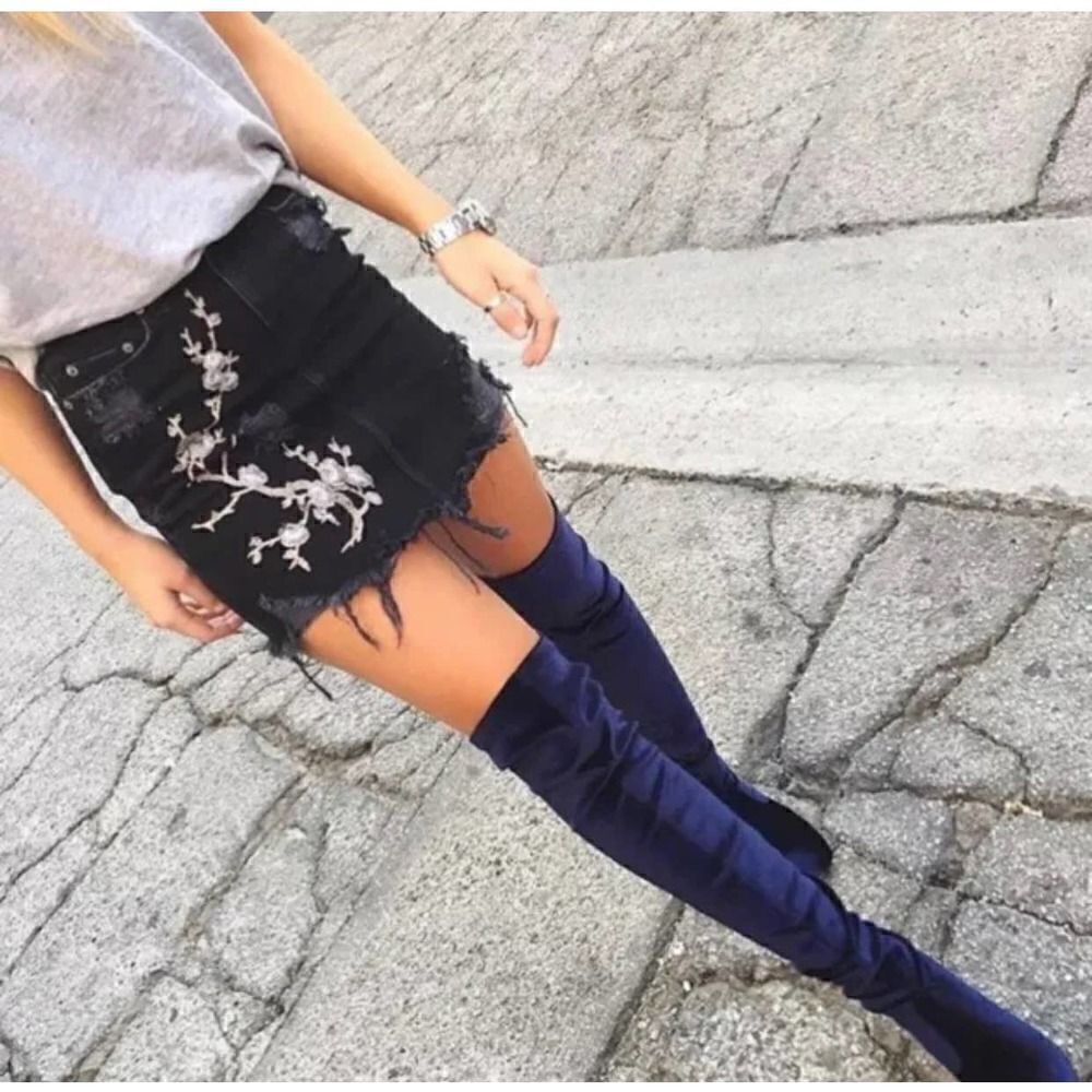 Carmar Black High Rise Slim Fit Distressed Floral Embroidered Denim Skirt